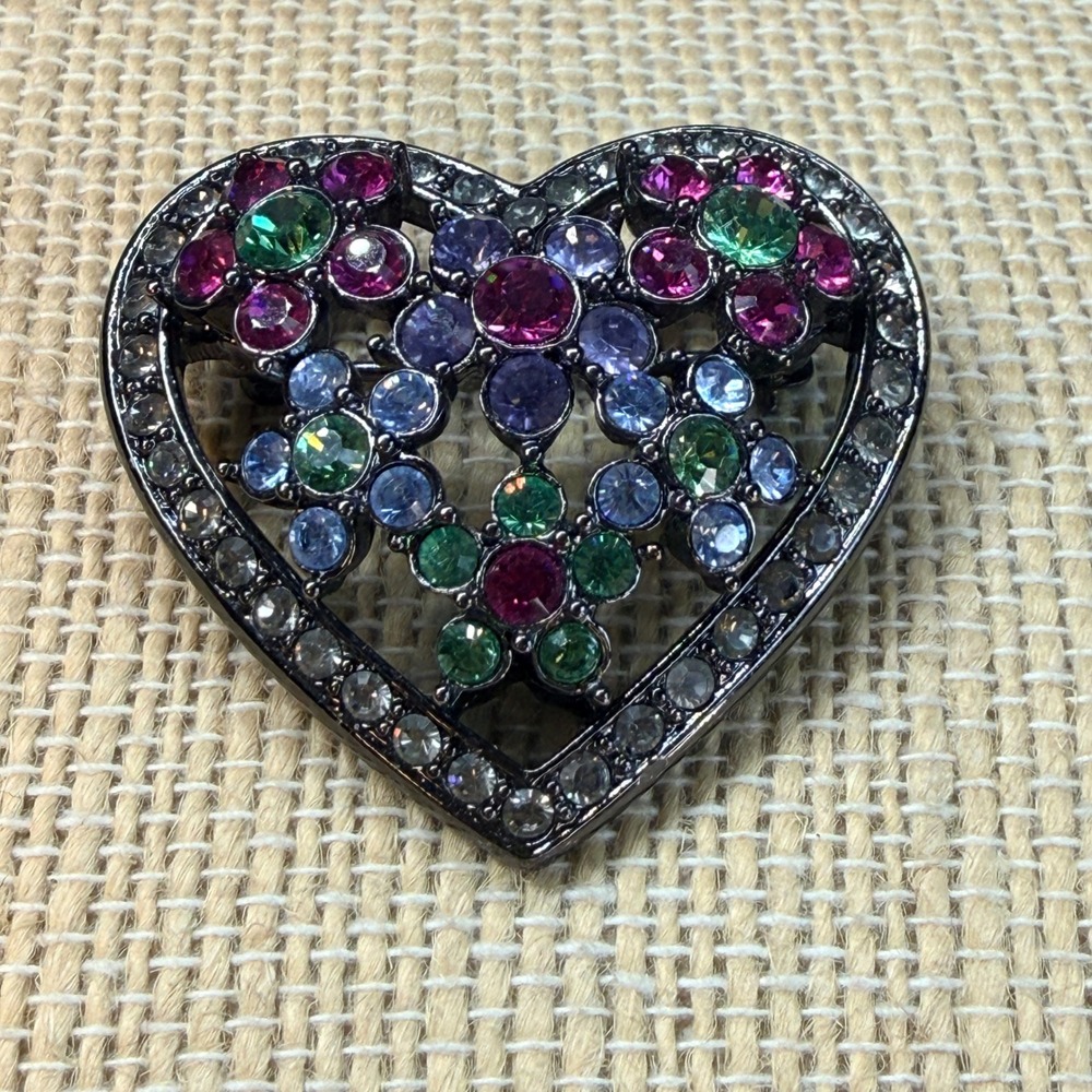 Vintage Joan Rivers Heart Brooch Multicolor Crystal Rhinestone Floral Signed